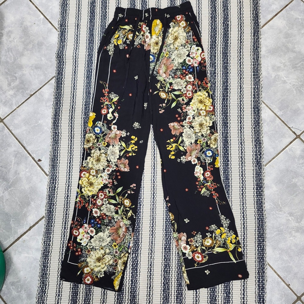 Zara Woman Black Floral Wide Leg High Rise Drawstring Pants Size S